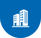 Blue shield with white building icon.